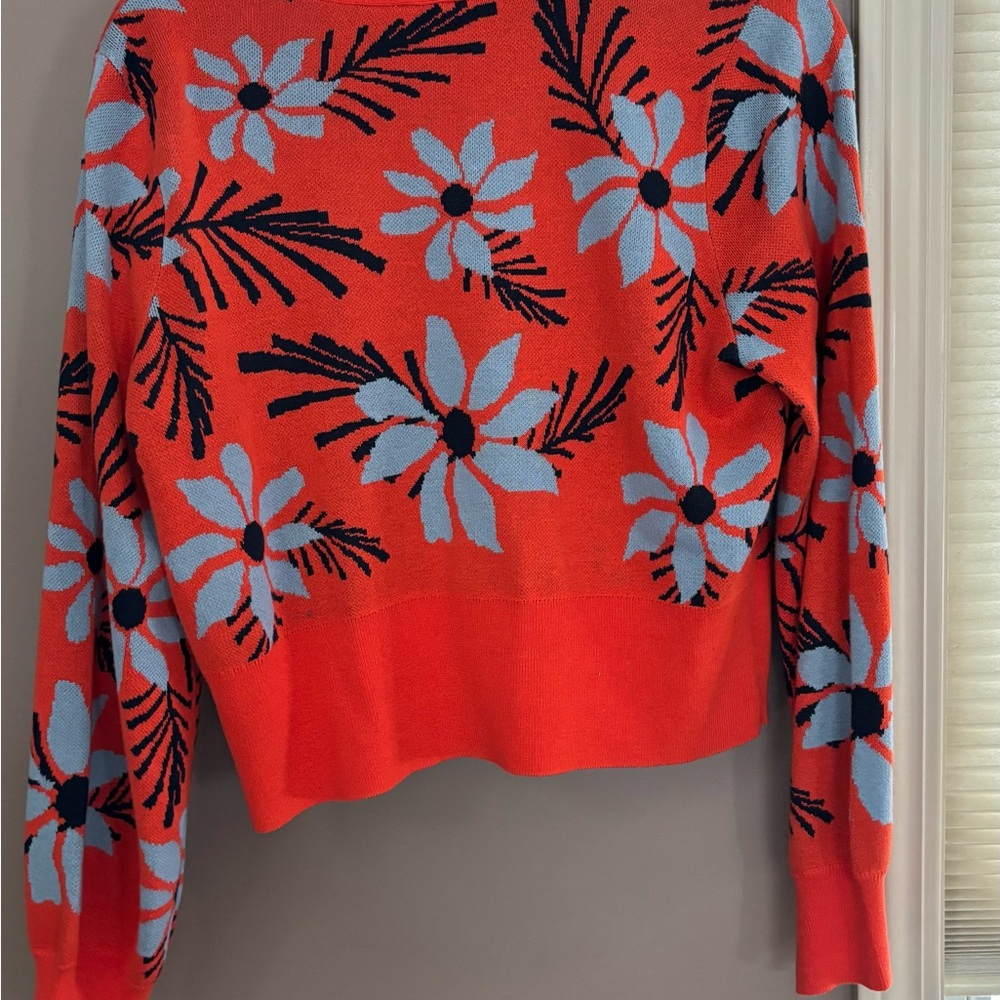 CAbi Red and Blue Crew Neck Sweater with Floral Design